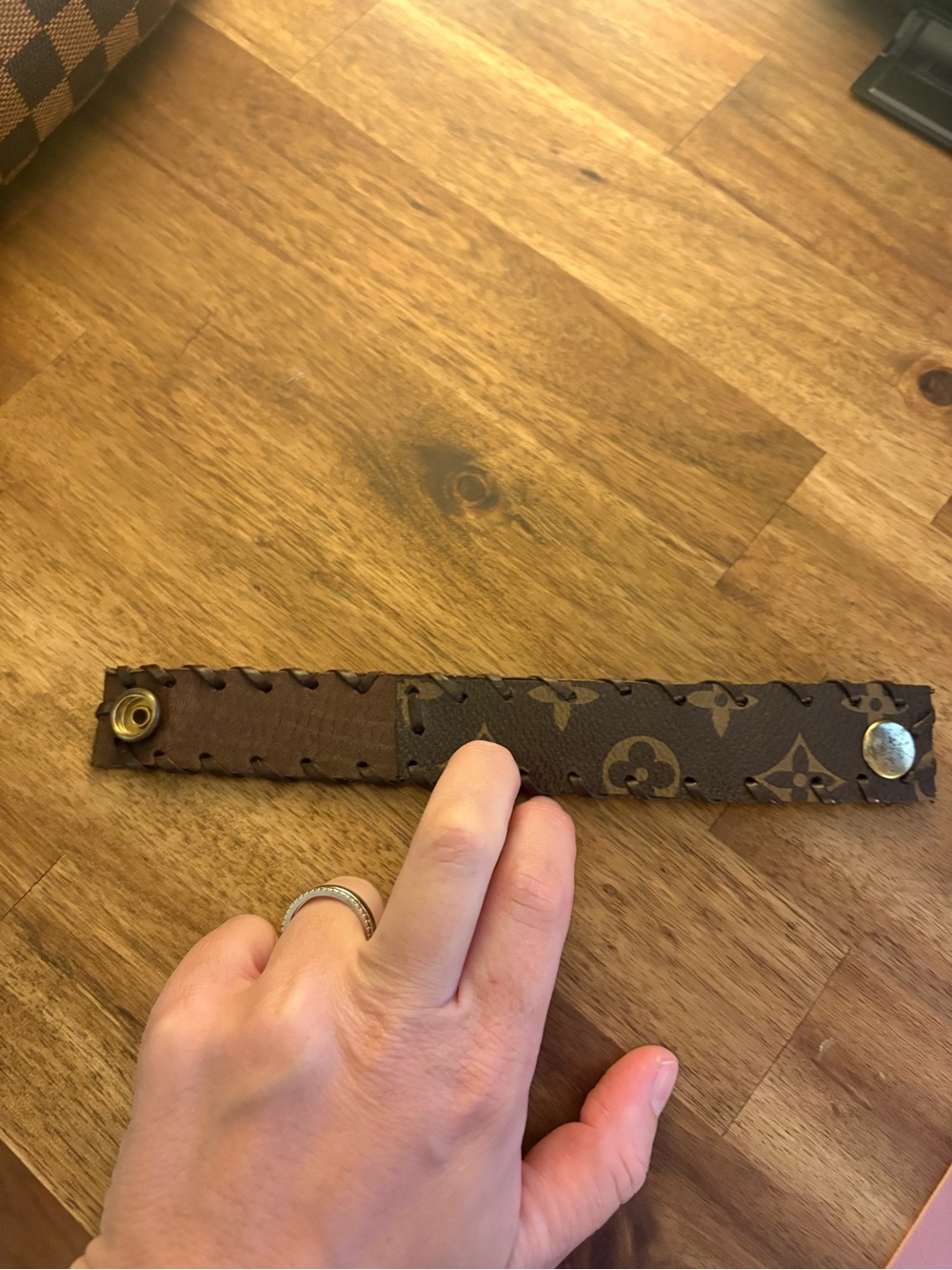 Repurposed Louis Vuitton Brown Monogram Leather Lace-Edged Bracelet